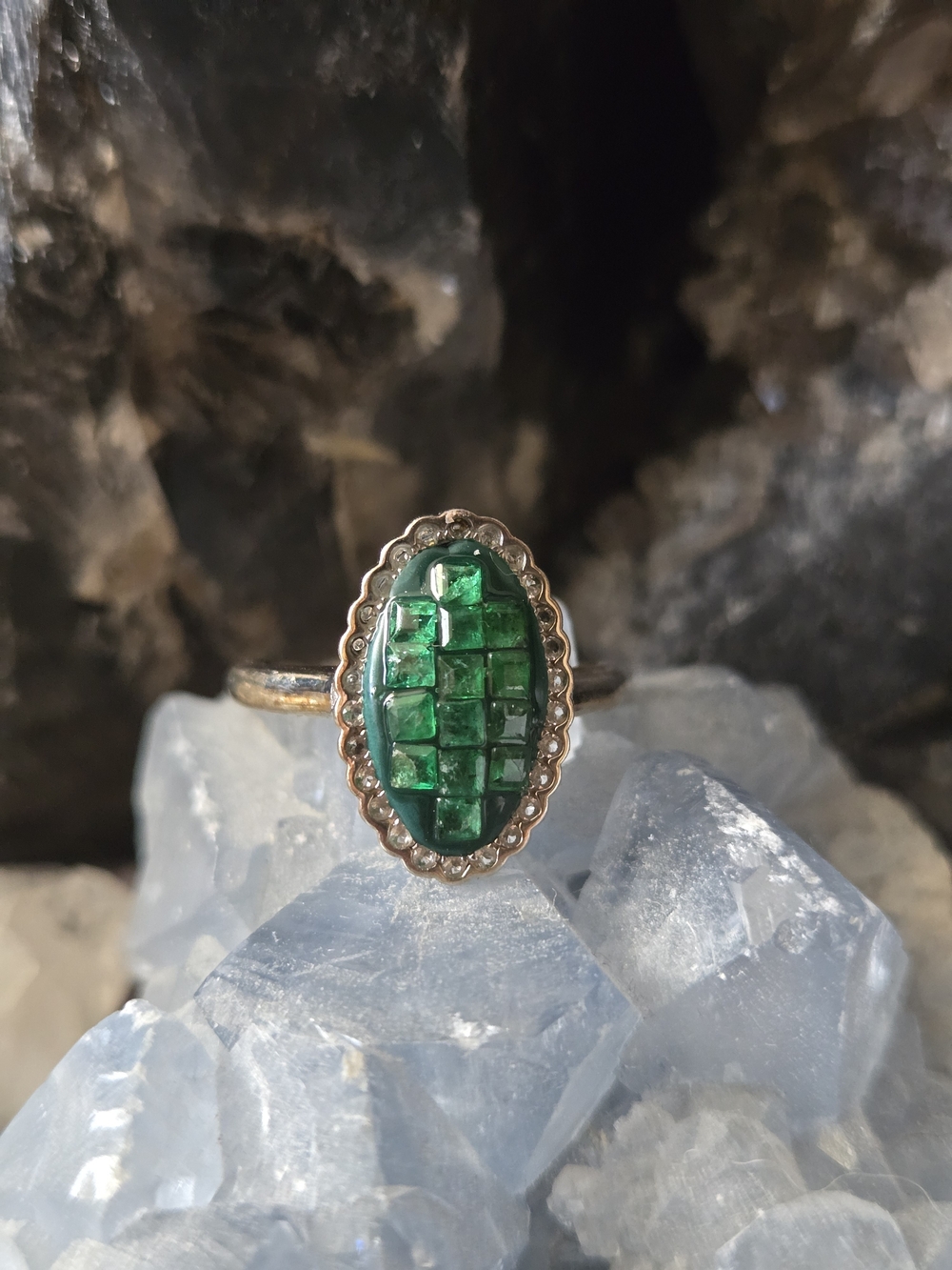 Genuine Natural Emerald Mosaic Oval 925 Sterling Silver Ring. Size 6